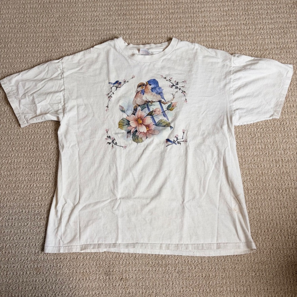 Vintage Hanes Heavyweight Bluebird Floral Graphic T-Shirt White XL Arts Uniq